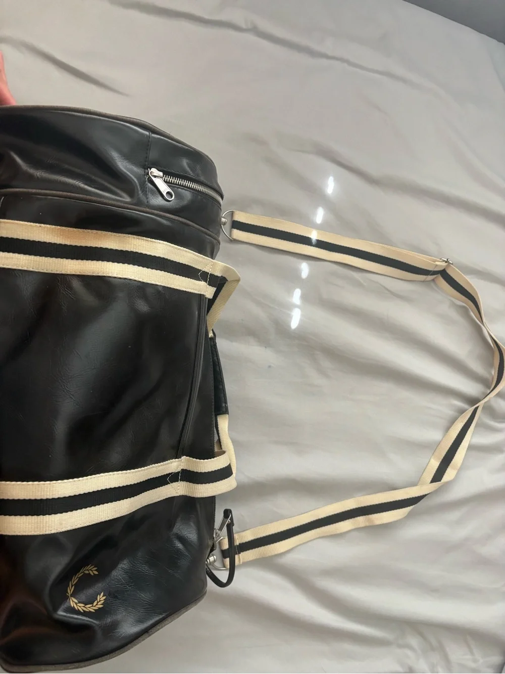 Fred Perry Black Duffel Bag with Cream-Black Striped Strap